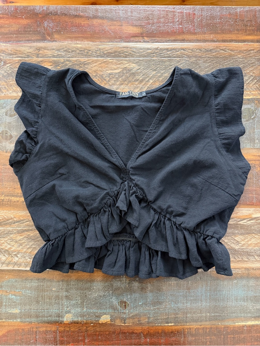 Fancyinn Women’s L Black V-Neck Sleeveless Ruffle Trim Crop Blouse | SKU 0096
